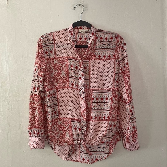 White Crow Red Patchwork Tie Front Blouse Button Down Shirt Women’s XS - Picture 5 of 10